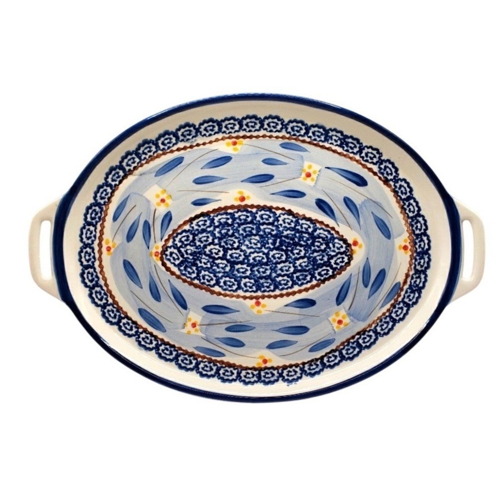 Temptations Hand Painted Oval Platter Ceramic Blue Floral Design with Handles‎